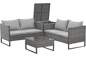 ‎SVITA SVITA Kansas Rattanlounge Gartenmöbel Set Sitzgarnitur Outdoor Sitzlounge Terrasse Gartensofa Kissenbox Tisch Polyrattan Stahlgestell Grau