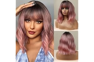 Esmee 14 Cali Krótkie Różowe Peruki z Grzywką dla Kobiet Naturalne Syntetyczne Włosy Peruka Ombre z Ciemnymi Korzeniami Luźne Faliste Peruki do Cosplay Codzienne Stroje Imprezowe