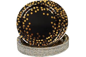 TOPWAYS Czarno-złote dekoracje urodzinowe, papierowe talerze, 23 cm, jednorazowe papierowe talerze na imprezę, zastawa stołowa dla dzieci, kobiet, mężczyzn, przyjęcie urodzinowe, ślub, piknik,