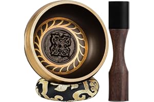 HIHEALER Large Tibetan Singing Bowls, Singing Sound Bowl Handcrafted in Nepal for Yoga,Chakra Healing,Stress Relief Self Care Gifts for Women and Men Christmas Gifts (Four Buddhas-Golden Wheel, 10cm)