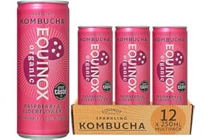 Equinox Kombucha Raspberry & Elderflower (12 x 250ml) | Brewed in UK with SCOBY, Green Tea & Raw Cane Sugar | Sparkling Live Cultured Probiotic Drink for Gut Health | No Sweeteners & 100% Natural