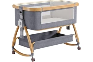 GLOKID 3in1 Baby Beistellbett Reisebett, Babybetten, Mit Rollen, Sechs Ebenen Stufen Höhenverstellung, Wiege, Höhenverstellug und Einstellung der Neigung der Matratze (Goldgrau)