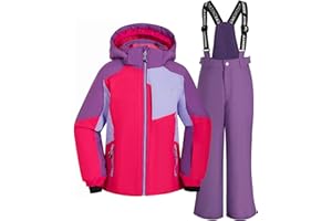 SMONTY Combinaison de neige pour filles Ensemble veste et pantalon de ski d'hiver bretelles à capuche Coupe-vent Imperméable Chaud