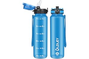 OLDLEY 1L/32oz Borraccia con Cannuccia 2 Coperchi Borracce Sportive a Tenuta Stagna Borraccia con Filtro Marcature dei Tempi Borracce in plastica Tritan Senza BPA per Bambini Adulti Ciclismo Corsa