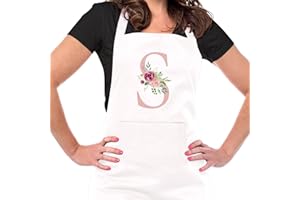 Ysound Initialen Schürze Damen Kochschürze Baumwolle Schürze Verstellbare Backschürze Weiß Küchenschürze mit Taschen für Küche, Kochen, Backen, Geschenk für Frauen Mama zum Geburtstag, Einzug