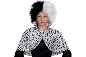 I LOVE FANCY DRESS LADIES DALMATIAN PRINT COLLARED CAPE + BLACK/WHITE WIG - EVIL DOG LADY SCHOOL BOOK WEEK + WORLD BOOK DAY FANCY DRESS COSTUME ACCESSORY (PLUS SIZE)