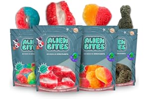 Alien Bites - Pack de 4 Bolsas de 50g de Chuches Liofilizadas - Gominolas Freeze Dried - Chuches para Cumpleaños, Regalos y Snacks - Sin gluten (labio, corazón, aro, regalíz) (P4)