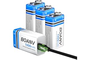 BOANV 9 V Rechargeable Battery Block, 1300 mAh 9 V Lithium-Ion Battery, Micro USB Charger with 2-in-1 Charging Cable for Smoke Detector, Alarms, Keyboard, Microphone, Pack of 4