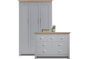 Blisswood Bedroom Furniture Set With 3 Door Wardrobe & 4+3 Drawer Chest of Drawers With Stainless Steel Cup Handle Modern Bedroom Set for 2 Piece Bedroom Storage Furniture Set (Grey & Oak)