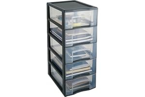 SUNDIS Tag Tower, torre de almacenamiento plástico, gris, 5 cajones transparentes tamaño A4, altura 61 cm, ideal para almacenamiento de oficina, cursos, documentos, suministros, accesorios