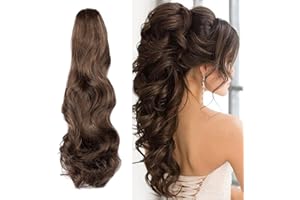 CYBELLEZA Queue de Cheval Extension Cheveux Queue de Cheval Naturel Ondulés Bouclés Postiche Synthétiques Longue Claw on Ponytail Griffe Raides Rajout Vrai (Marron foncé&Auburn clair)