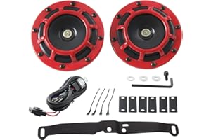 ‎FARBIN FARBIN Wasserdichte Auto Horn Loud Super Ton 12V High Tone/Low Tone Metall Twin Horns Kit mit Schutzgrill, Universal Horn für Auto (Rot Horn mit Geschirr und Halterung)