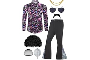 Ragelion Uomo 70s Disco Outfit Adulto Halloween Costume Include Retro Camicia Bell Bottom Pantaloni Parrucca Occhiali da sole Collana Baffi Parrucca Cap per la festa