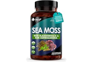 NEW LEAF PRODUCTS Sea Moss Complex - Pure Irish Sea Moss Capsules with Bladderwrack & KSM Ashwagandha - High Strength Seamoss Capsule - 120 Fill Vegan Irish Seamoss Capsules Made in The UK by New Leaf