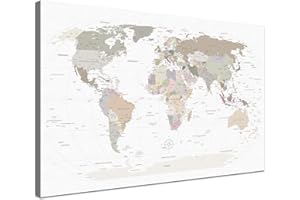 LANA KK Weltkarte-Pinnwand als Leinwandbild, pinne Deine Reisen und Erinnerungen – World Map White - Deutsch - Landkarten-Wandbild in weiß, 80 x 60 cm