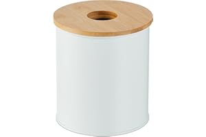 Relaxdays Kosz na kosmetyki, 2 litry, bambusowa pokrywka z otworem, okrągły kosz na śmieci do łazienki i toaletki, biały