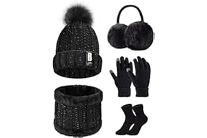 Tuopuda Ensemble Bonnet Écharpe de Doublure Polaire Gants 5 Pièces Tricotés Ensemble de Ski d’Hiver de Femmes Beanie Foulards Cache-Oreilles Chaussettes