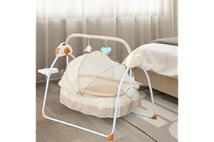 DSYOGX Elektrische Babyschaukel Babywiege mit 5 Geschwindigkeitseinstellungen und Integrierte 12 Musik Bluetooth Baby Wippe für 0-18 Monate, 0-25kg Tragfähigkeit (Khaki)