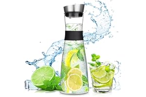 FAMKEEP Carafe en Verre,1200 ML Pichet à Eau en Verre Couvercle en inoxydable,Pichet en Verre,pour Thé Glacé Boisson Maison Lait Café Vin de Service