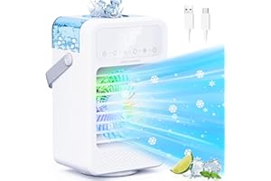 JERVAMNI Climatiseur Mobile Silencieux | Petit Climatiseur Portable | Ventilateur Refroidisseur d'Air avec Contrôle Tactile | 5 Vitesses & Modes Multiples | Oscillation à 90° | 1-8h Minuterie | Lampe Colorée