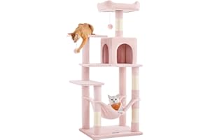 Feandrea Wysoki na 143 cm drapak Wielopoziomowy domek dla kota z 4 drapakami 2 platformy Hamak Jaskinia Pastelowy róż PCT161P01