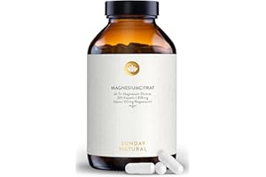 ‎SUNDAY NATURAL SUNDAY NATURAL® Magnesiumcitrat Kapseln hochdosiert - 365 Kapseln – Pro Tagesdosis 360 mg reines Magnesium ohne Zusatzstoffe - Premium Magnesium Citrate – Laborgeprüft, vegan, ohne unnötige Zusätze