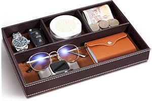 Yocisun Storage Tray, Leather Valet Tray Office Organiser Storage Desk Bedside Organiser Pocket Empty Organiser Men's Accessories for Coins, Stationery, Jewellery, Keys, Watch (Brown)