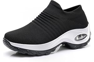 ANYRAIN Womens Slip On Walking Shoes - Breathable Mesh Sock Sneakers Athletic Road Running Trainers Air Cushion Platform Wedge Shoes