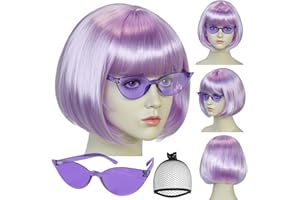Light Purple Bob Wig with Bangs 3 Pcs Purple Wigs for Women Short Bob Wig Shakira Fun Lavender Wigs Party for Women Outfit Cosplay Halloween Costume Peluca Morada Corta + Sunglass + clarahead Hair Cap