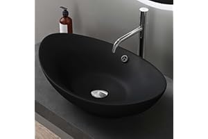 doporro Lavabo Ovale da Appoggio in Ceramica Nero Opaco 59x38,3x19,2 cm, Lavandino Bagno con Troppopieno Effetto Loto Brüssel818