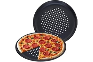 GEEZY Large Non-Stick Pizza Baking Tray 32cm (12.5") - Set of 2, Round Carbon Steel, Perforated Holes, Dishwasher, Fridge, Freezer Safe - Pizza Pan & Plate for Oven, Flatbread, Family Meals
