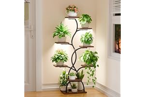 BACEKOLL Support pour plantes avec lumière de croissance - 8 niveaux - 124 cm - En métal et bois - Étagère à plantes - Pour l'intérieur et l'extérieur - Noir - Étagère à fleurs décorative pour