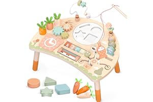 HEWAURORION Tavolo Multiattivita Bambini Giochi Montessori 1 2 3 Anno, 9-in-1 Tavolino Bambino in Legno, Bambini Giocattoli Bambina Regalo 1+ Anni, Giochi Educativi Centro Attivita Neonato (Colori Naturali)