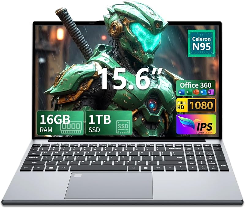 Ordenador Portátil 15,6 Pulgadas FHD, 16GB RAM 1TB SSD, Alder Lake N95 Hasta 3.4GHz, Win 11 Pro PC Portátil Office 365, Teclado Retroiluminado con Pad Numérico, Lector Huellas, USB 3.0/HDMI, WiFi 5