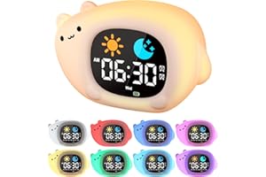 YISSVIC Réveil Enfant Educatif Jour Nuit 2 Alarmes 3 Récurrence de l'Alarme 12/24 Heure Snooze 10 Chansons Luminosité de l'Ecran Réglable Réveil Lumineux 7 Couleurs Arrêt Automatiquement en Forme Chat