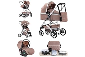 Kakbgee 3 in 1 Baby Stroller, City Pram Travel System, Pushchair One-Click Folding, Baby Buggy, Carrycot & Car Seat Unit with Mosquito Net, High Landscape Stroller for Newborn 0-4Years, Khaki