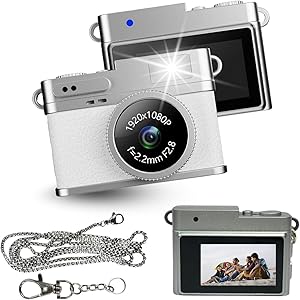 Mini Digital Camera with Filter Mode, 1080p Video, Flash Light, Leather Texture – Small Working Camera with Metal Keychain – 