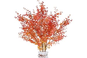 HASUDEI 3 piante artificiali di eucalipto, foglie rotonde, per autunno, rami di eucalipto, arancione, piante in plastica per balcone, giardino, autunno, matrimonio, feste, vaso decorativo, 80 cm