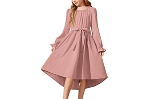 Arshiner Vestido Gasa Manga Larga Niña Vestido de Corte A Vestido Alto y Bajo Vestido de Noche Niños Vestido de Fiesta Festivo Vestido de Fiesta de Otoño e Invierno con Cinturón y Bolso 5-12 Años