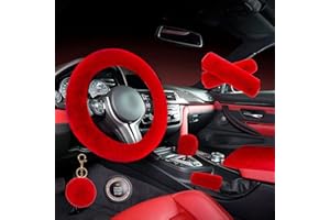 ZYNQACC 1 Set 8 Pieces Fluffy Steering Wheel Cover Set,Warm Soft Fuzzy Steering Wheel Covers for Women/Girls,Universal 15 Inches Girls Car Accessories (Red)