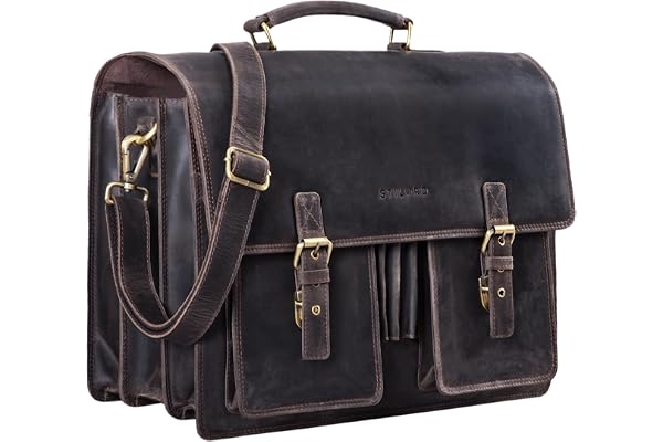 STILORD 'Anton' äkta läder aktväska XL - 15.6" laptopfack - påsättbar - förbättrad version Farbe:Mörkbrun