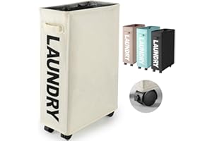 Rieeyrslza Cestos para la Colada 43L Cesta de Ropa Sucia con Ruedas Cesto para la Colada Delgada Cestos para la Colada Multifunción Bolsa de Lavado de Ropa (Beige)