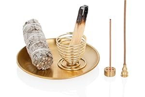 ZenBless 4 in 1 Incense Burner, Palo Santo Holder, Sage Holder, Incense Holder for Incense Sticks/Coil/Cones, 5.5 inches Brass Ash Catcher for Meditation Yoga Room