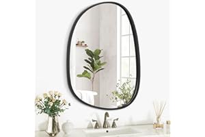 LZUSO Black Asymmetrical Hanging Wood Mirror - Irregular Frame, Small, Modern, Unique Decorative Oval Mirror for Bedroom, Living Room, Bathroom, Entryway, Vanity