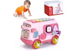 YELLCETOY Juguetes para Niñas de 1 Año, Juguete para Bebé Niña 12 18 Meses Bus Musicales Sensorial con Xilófono, Clasificador de Formas Juguete Educativo Regalos para bebés 12 Meses Rosa