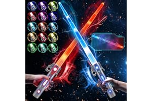 VATOS 2PCS Espada de Luz Recargable para Niños,Espada de Luz de 15 Colores Cambiables con Sonido 3D,2 en 1 Sable de Luz LED Retráctil de Juguete para Fiestas de Disfraces de Halloween,Navidad y Cosplay
