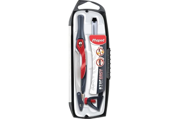 Maped - Compas Maped Stop Easy - Système de Verrouillage Breveté - Tracé Parfait - Avec Sécurité Protège Pointe et Mine - Compas Mine + Bague Universelle + Crayon - Dès 10 ans
