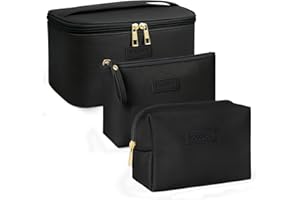 MAANGE 3 Stück Kosmetiktaschen (L+M+S), PU Leder Schminktasche für Damen Tragbare Reise Kosmetiktasche Kleine Make Up Tasche mit Fächern, Schwarz