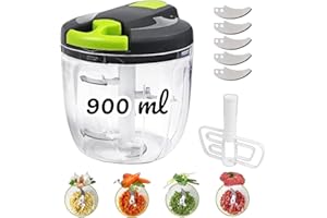 ANIMALUJOS BONDIBUY Picadora manual, Picadora Manual con Cuerda, Trituradora de Alimentos Manual, Picadora Manual Verduras, 5 Cuchillas de Repuesto (900 ML, VERDE Y GRIS)