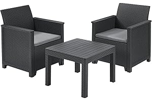 Keter Emma Conjunto de jardín o terraza Exterior 2 plazas y Mesa con Cojines incluidos, Resina con Acabado ratán Plano, Color Grafito